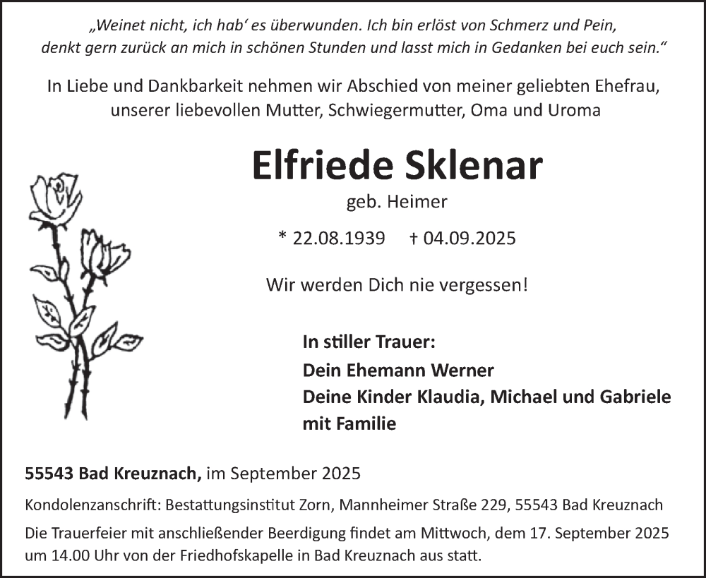  Traueranzeige für Elfriede Sklenar vom 13.09.2025 aus WochenSpiegel