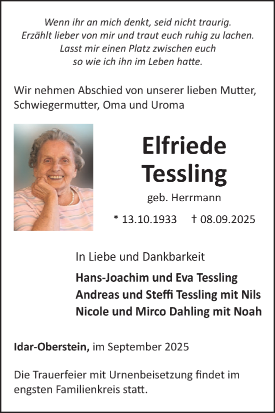 Traueranzeige von Elfriede Tessling von WochenSpiegel