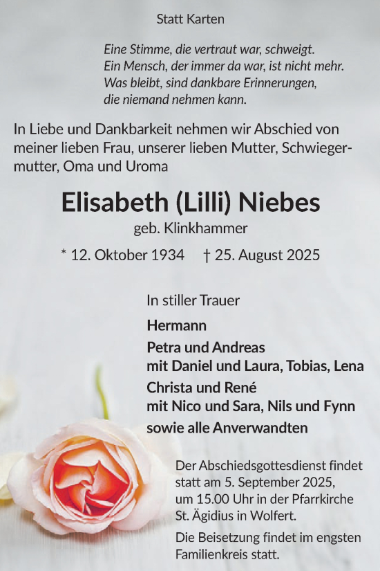 Traueranzeige von Elisabeth Niebes von WochenSpiegel