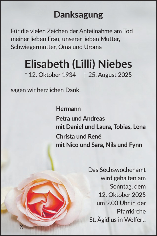 Traueranzeige von Elisabeth Niebes von WochenSpiegel