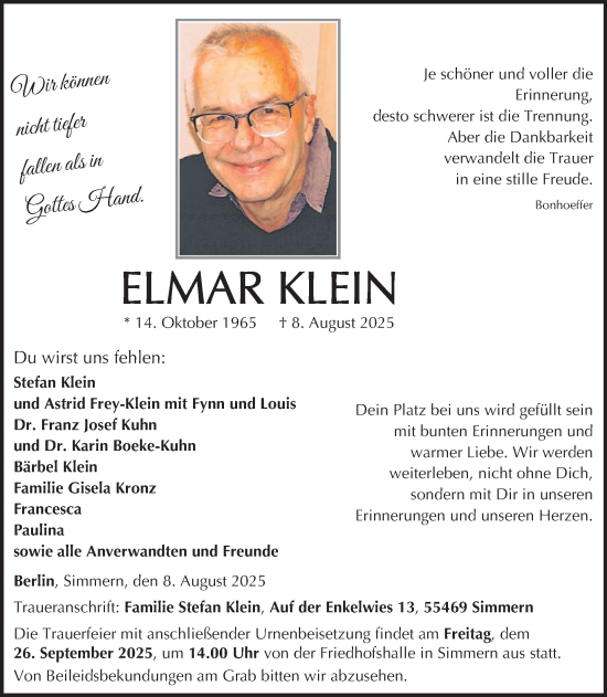 Traueranzeige von Elmar Klein von WochenSpiegel