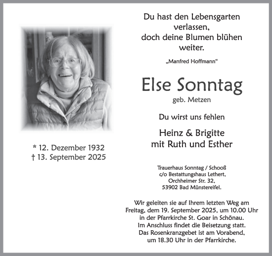 Traueranzeige von Else Sonntag von WochenSpiegel