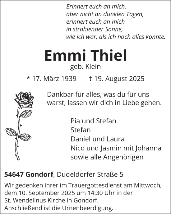 Traueranzeige von Emmi Thiel von WochenSpiegel