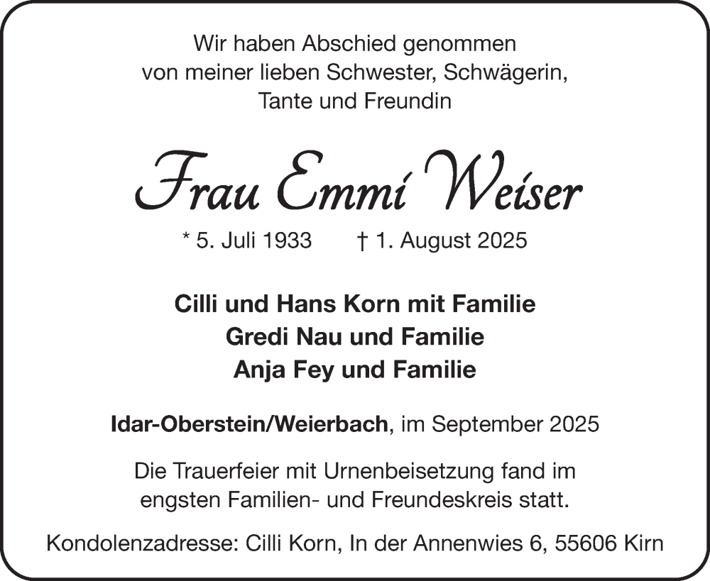  Traueranzeige für Emmi Weiser vom 06.09.2025 aus WochenSpiegel