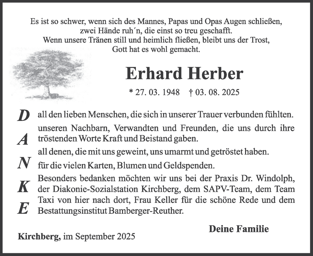  Traueranzeige für Erhard Herber vom 13.09.2025 aus WochenSpiegel