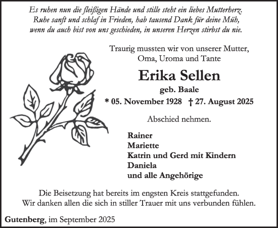 Traueranzeige von Erika Sellen von WochenSpiegel