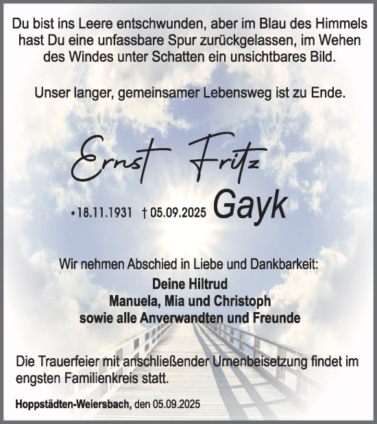 Traueranzeige von Ernst Fritz Gayk von WochenSpiegel