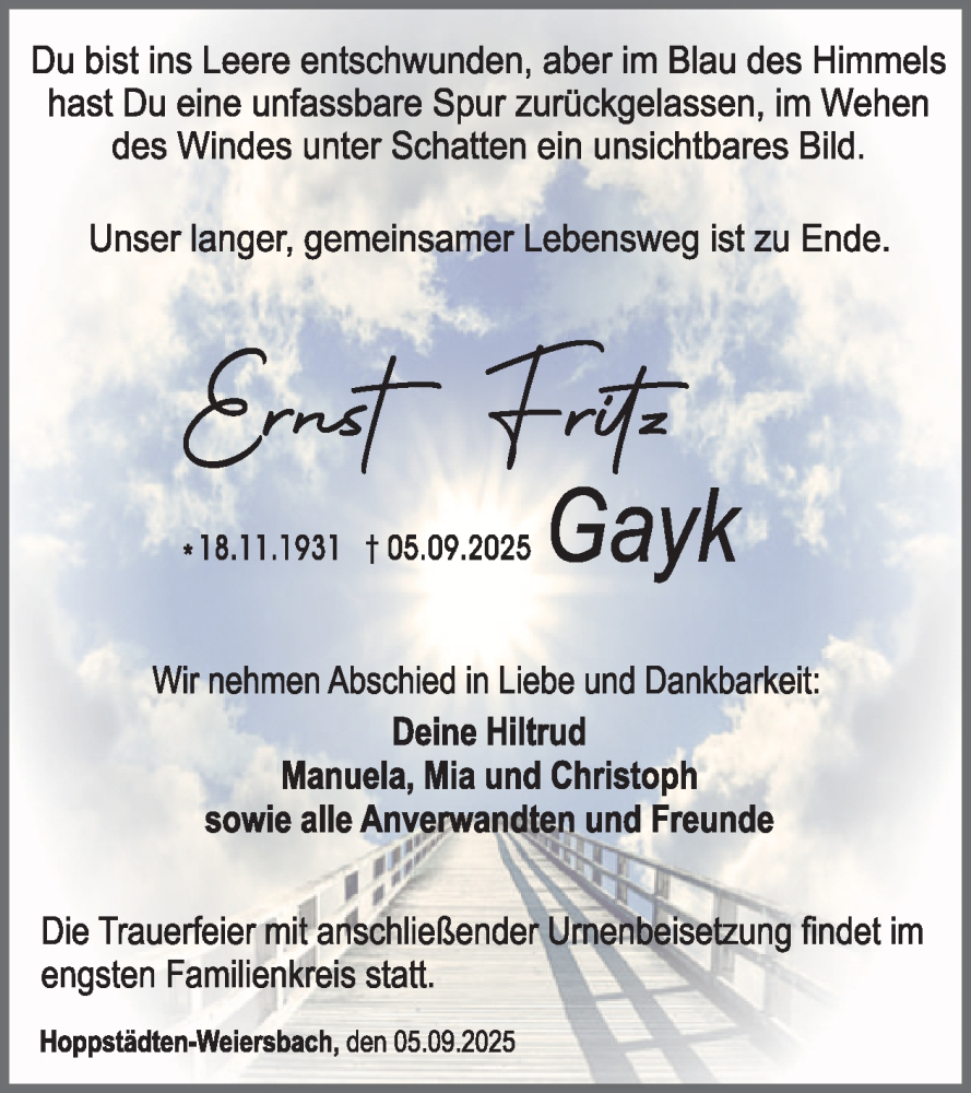  Traueranzeige für Ernst Fritz Gayk vom 20.09.2025 aus WochenSpiegel