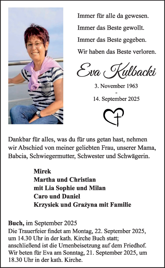 Traueranzeige von Eva Kulbacki von WochenSpiegel