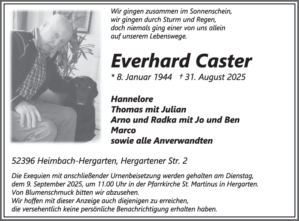  Traueranzeige für Everhard Caster vom 03.09.2025 aus WochenSpiegel