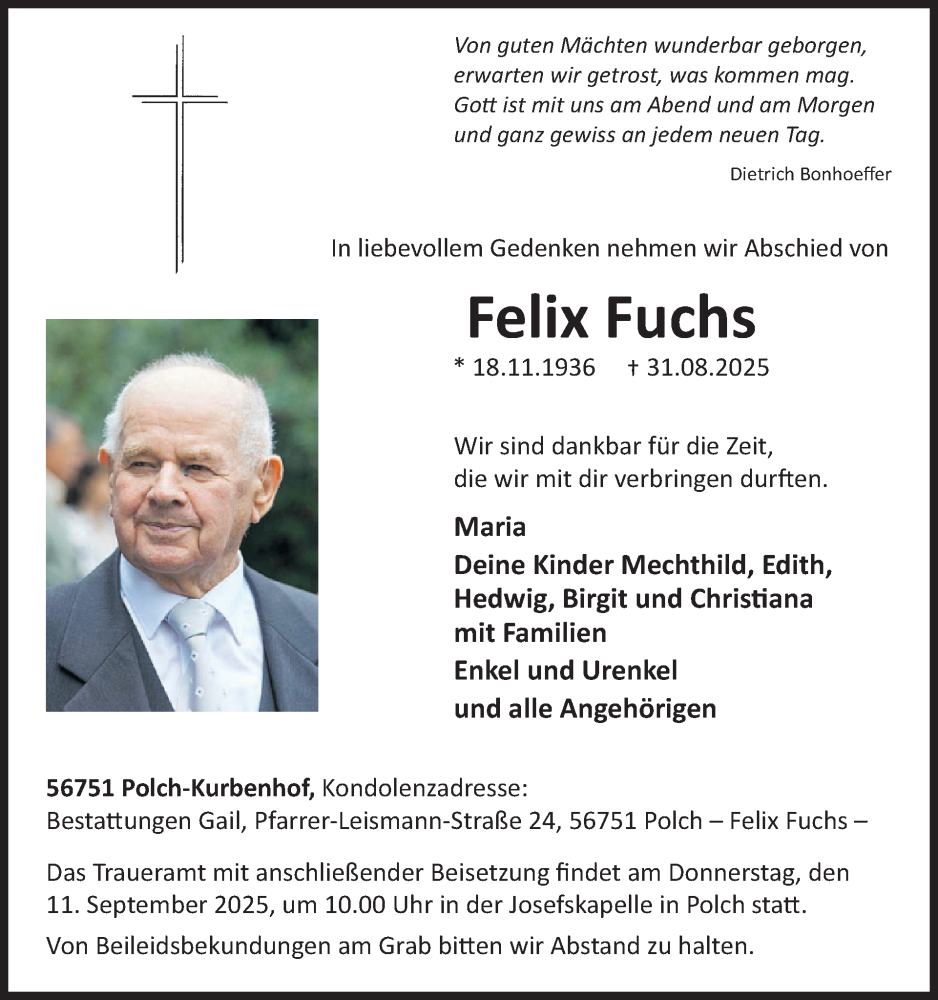  Traueranzeige für Felix Fuchs vom 10.09.2025 aus WochenSpiegel