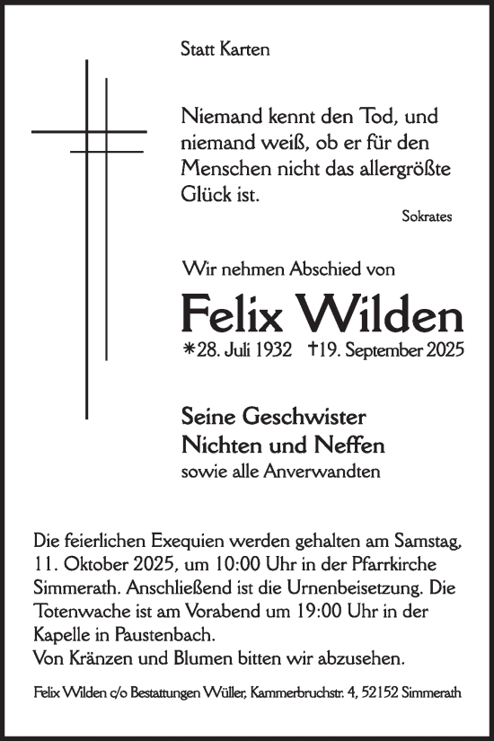 Traueranzeige von Felix Wilden von WochenSpiegel