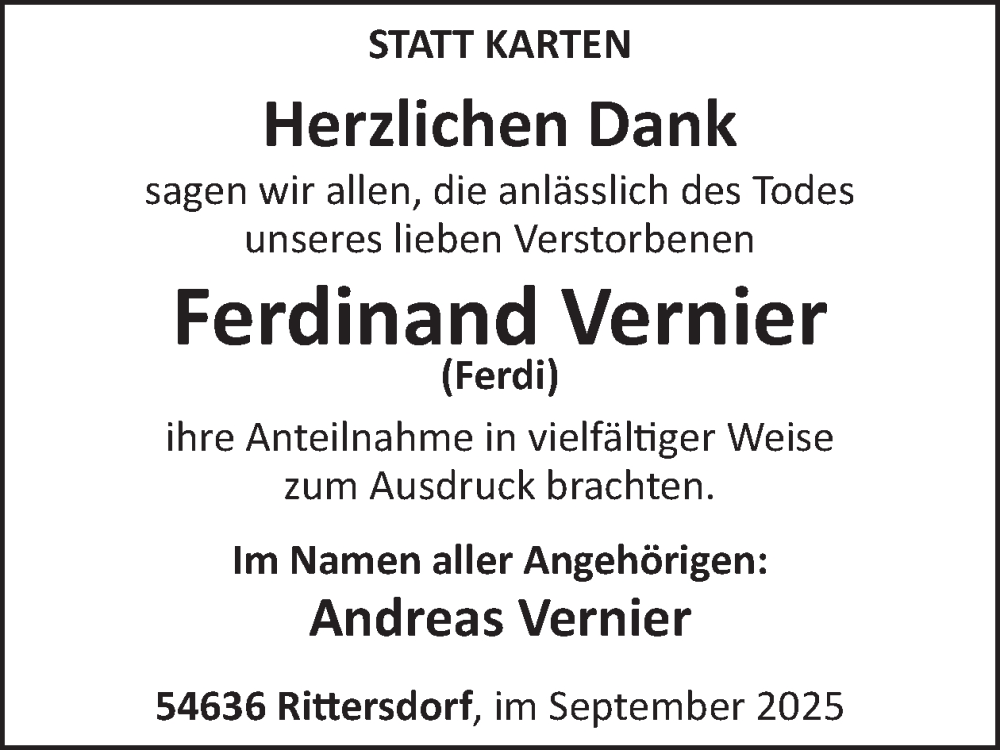  Traueranzeige für Ferdinand Vernier vom 19.09.2025 aus WochenSpiegel