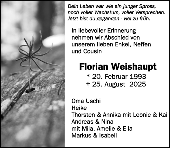 Traueranzeige von Florian Weishaupt von WochenSpiegel
