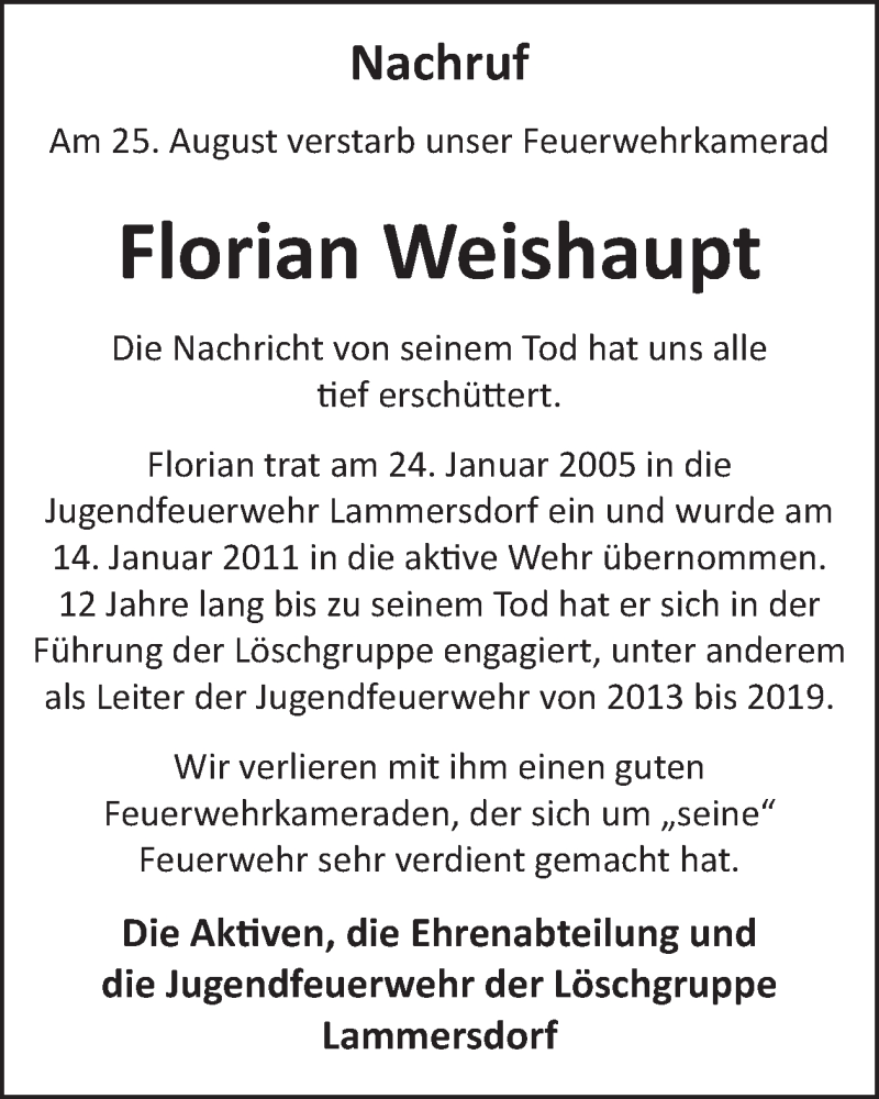  Traueranzeige für Florian Weishaupt vom 03.09.2025 aus WochenSpiegel