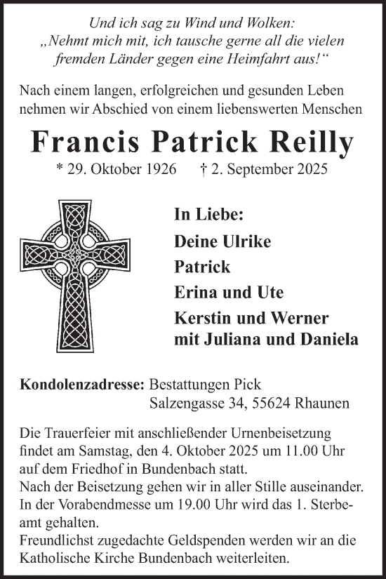Traueranzeige von Francis Patrick Reilly von WochenSpiegel