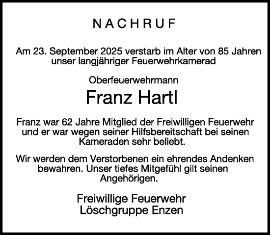 Traueranzeige von Franz Hartl von WochenSpiegel