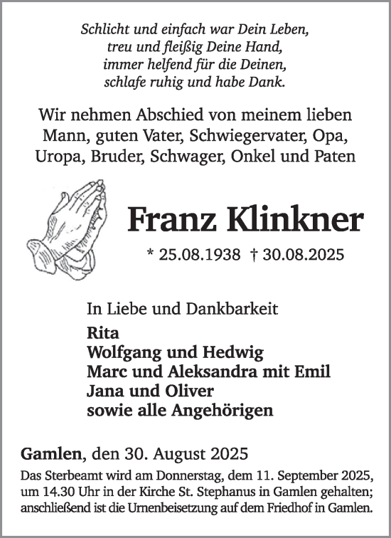 Traueranzeige von Franz Klinkner von WochenSpiegel