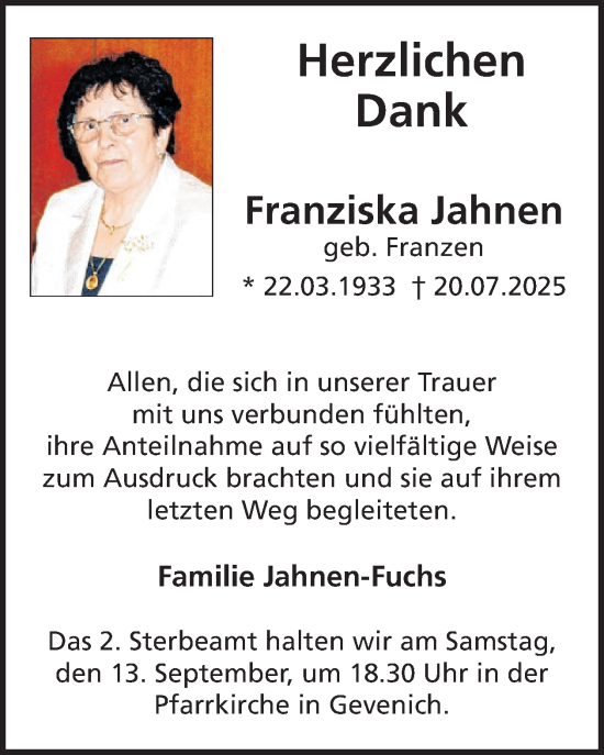 Traueranzeige von Franziska Jahnen von WochenSpiegel