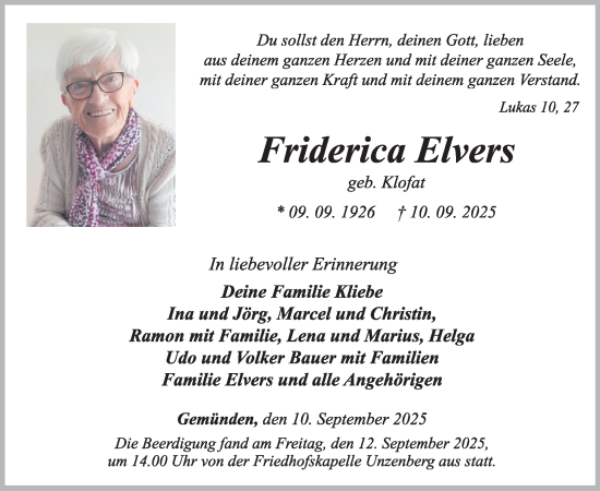 Traueranzeige von Friderica Elvers von WochenSpiegel