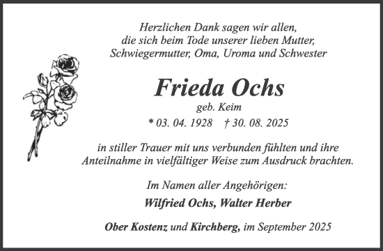 Traueranzeige von Frieda Ochs von WochenSpiegel