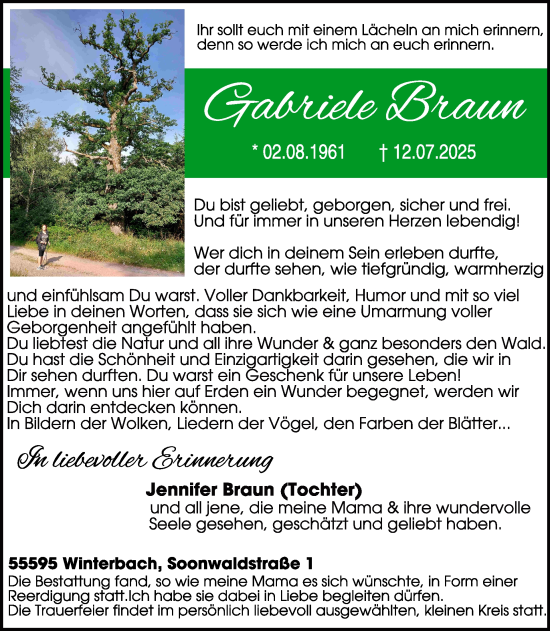 Traueranzeige von Gabriele Braun von WochenSpiegel
