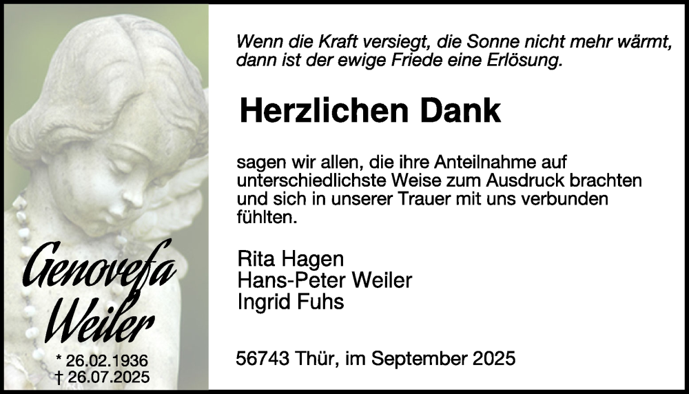  Traueranzeige für Genovefa Weiler vom 10.09.2025 aus WochenSpiegel