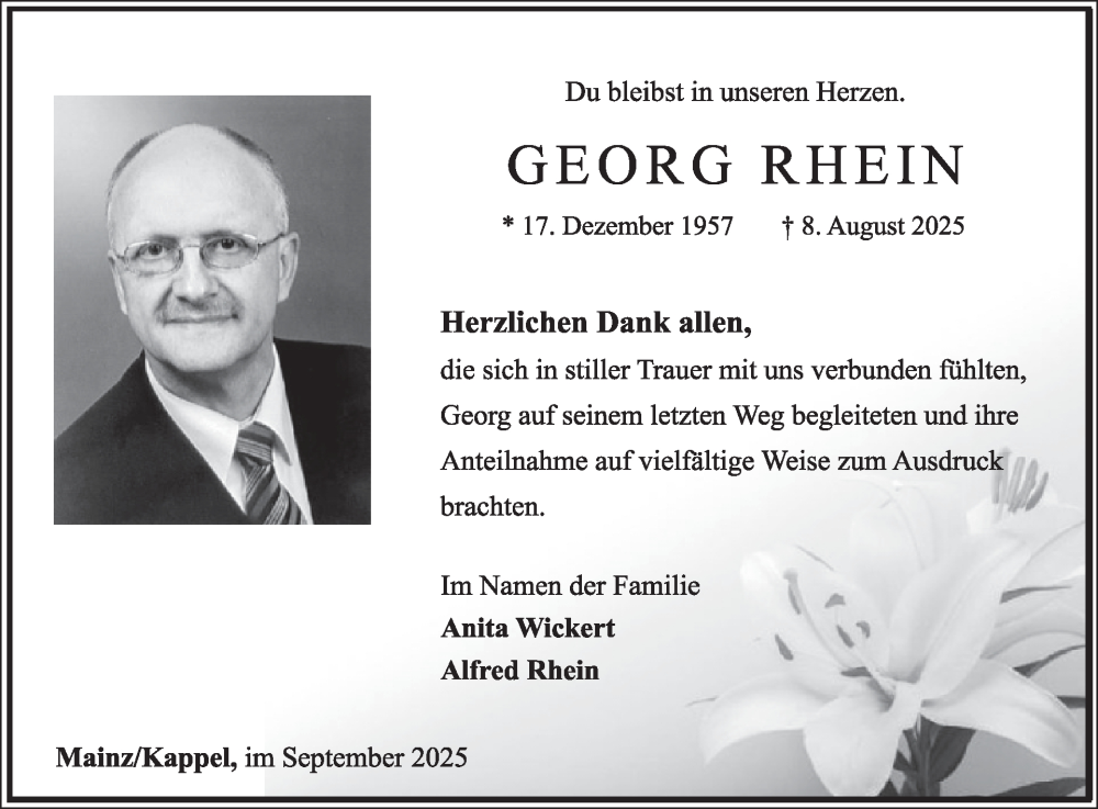  Traueranzeige für Georg Rhein vom 20.09.2025 aus WochenSpiegel