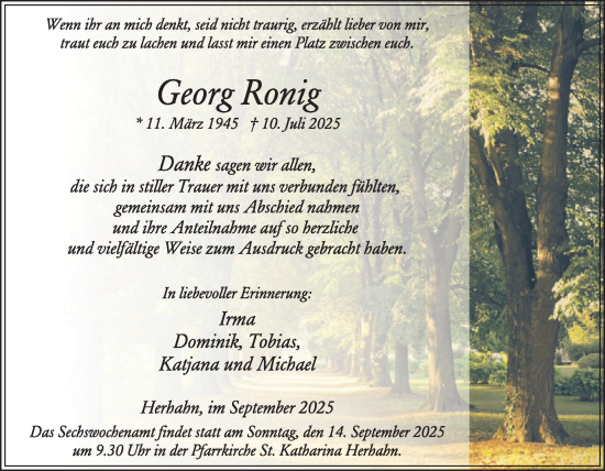 Traueranzeige von Georg Ronig von WochenSpiegel