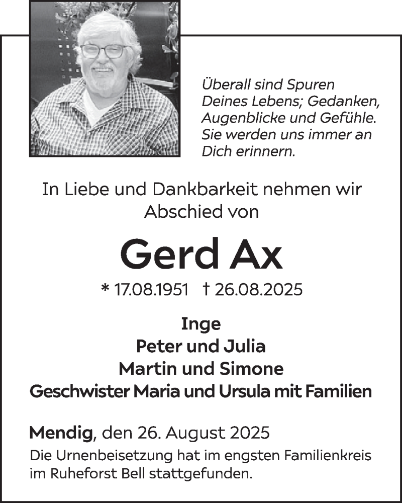  Traueranzeige für Gerd Ax vom 10.09.2025 aus WochenSpiegel
