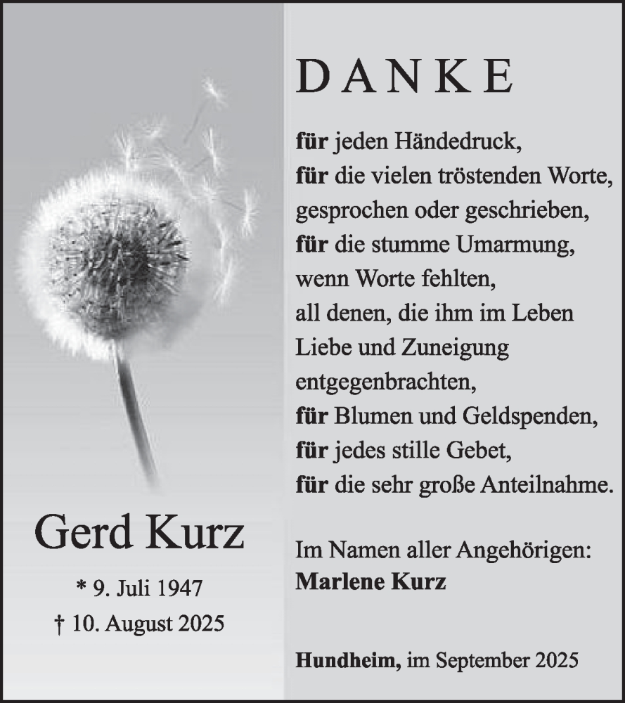  Traueranzeige für Gerd Kurz vom 20.09.2025 aus WochenSpiegel