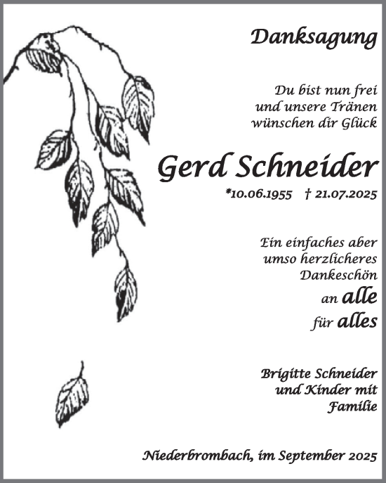 Traueranzeige von Gerd Schneider von WochenSpiegel