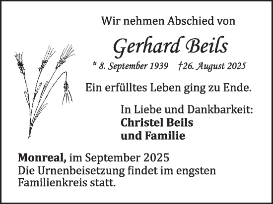 Traueranzeige von Gerhard Beils von WochenSpiegel