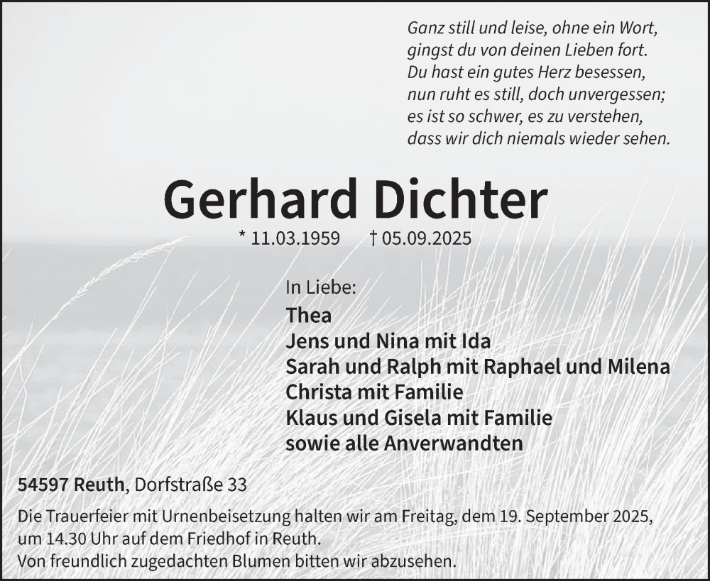  Traueranzeige für Gerhard Dichter vom 13.09.2025 aus WochenSpiegel