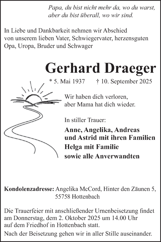 Traueranzeige von Gerhard Draeger von WochenSpiegel