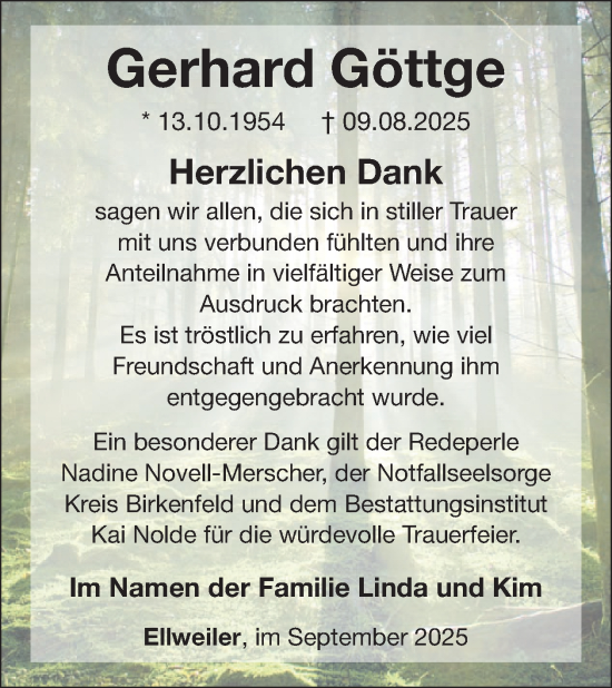 Traueranzeige von Gerhard Göttge von WochenSpiegel