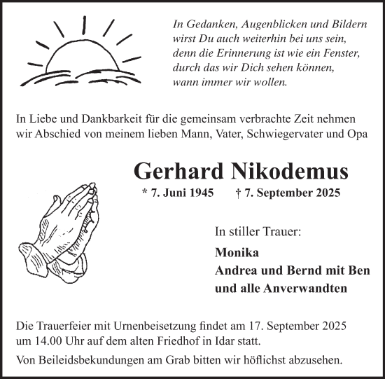 Traueranzeige von Gerhard Nikodemus von WochenSpiegel