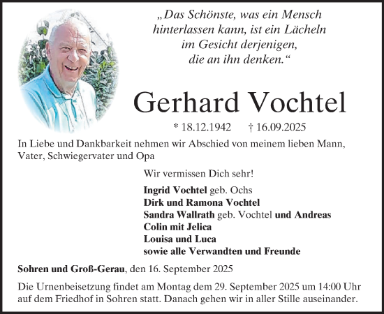 Traueranzeige von Gerhard Vochtel von WochenSpiegel