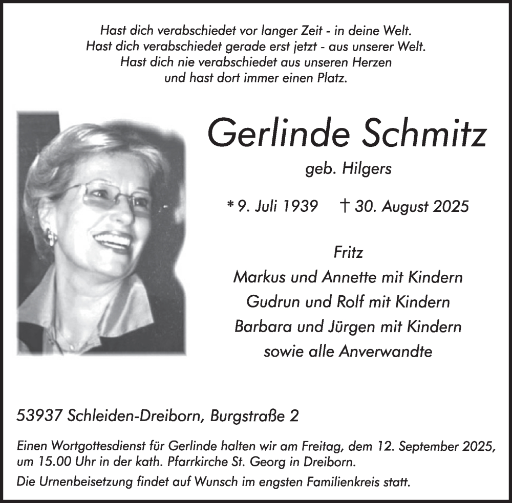  Traueranzeige für Gerlinde Schmitz vom 10.09.2025 aus WochenSpiegel
