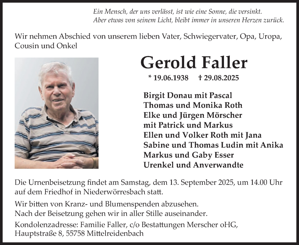  Traueranzeige für Gerold Faller vom 06.09.2025 aus WochenSpiegel