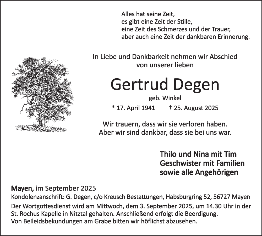  Traueranzeige für Gertrud Degen vom 03.09.2025 aus WochenSpiegel