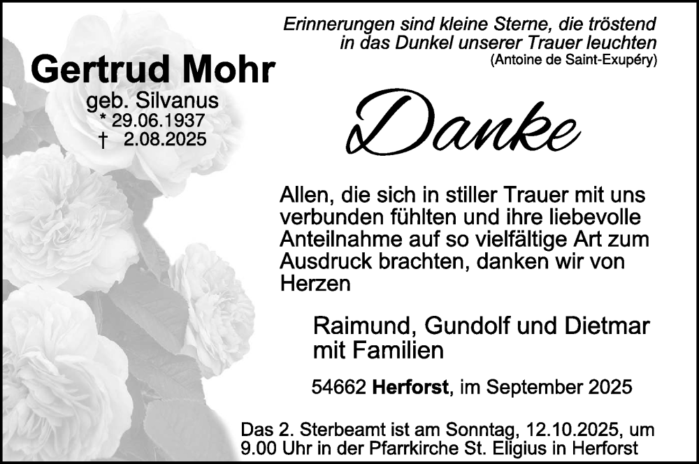  Traueranzeige für Gertrud Mohr vom 12.09.2025 aus WochenSpiegel