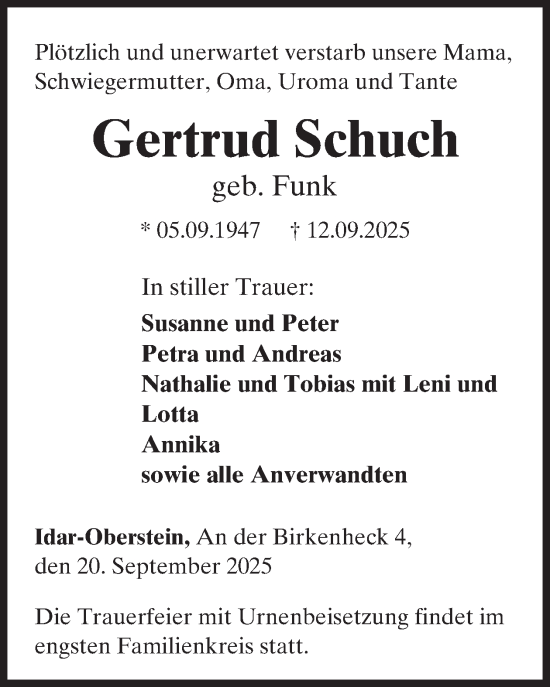 Traueranzeige von Gertrud Schuch von WochenSpiegel