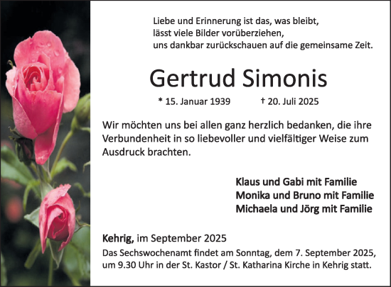 Traueranzeige von Gertrud Simonis von WochenSpiegel
