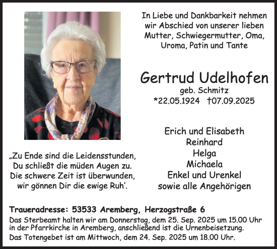 Traueranzeige von Gertrud Udelhofen von WochenSpiegel