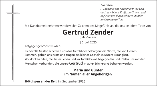 Traueranzeige von Gertrud Zender von WochenSpiegel