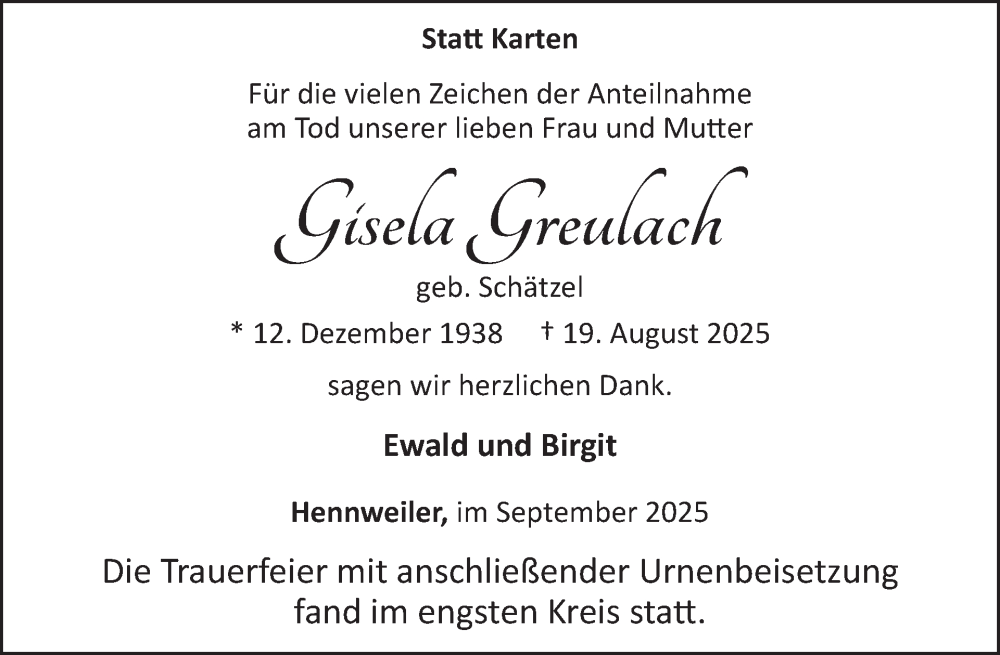  Traueranzeige für Gisela Greulach vom 13.09.2025 aus WochenSpiegel