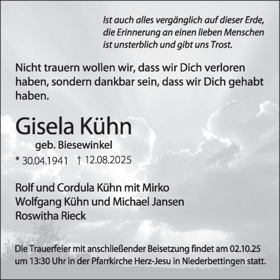 Traueranzeige von Gisela Kühn von WochenSpiegel