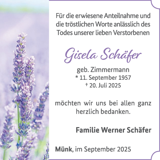 Traueranzeige von Gisela Schäfer von WochenSpiegel