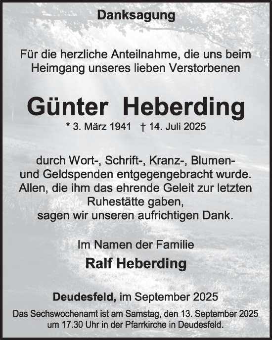 Traueranzeige von Günter Heberding von WochenSpiegel